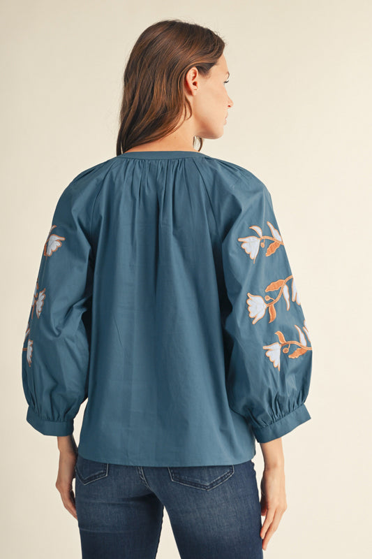 Teal & brown cut out top w/ embroidery