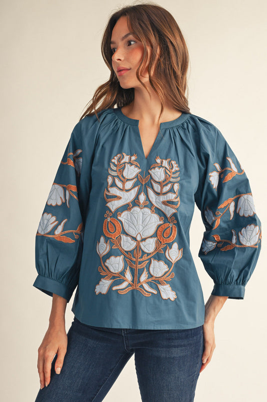 Teal & brown cut out top w/ embroidery